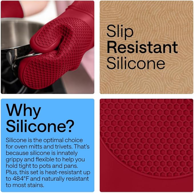 GORILLA GRIP BPA-Free Soft Silicone Oven Mitts and Pot Holders Sets of 4, Heat Resistant Waterproof Cooking Gloves, Thick Cotton Lining, Flexible Gripping for Baking Grilling, Kitchen Trivets, Red