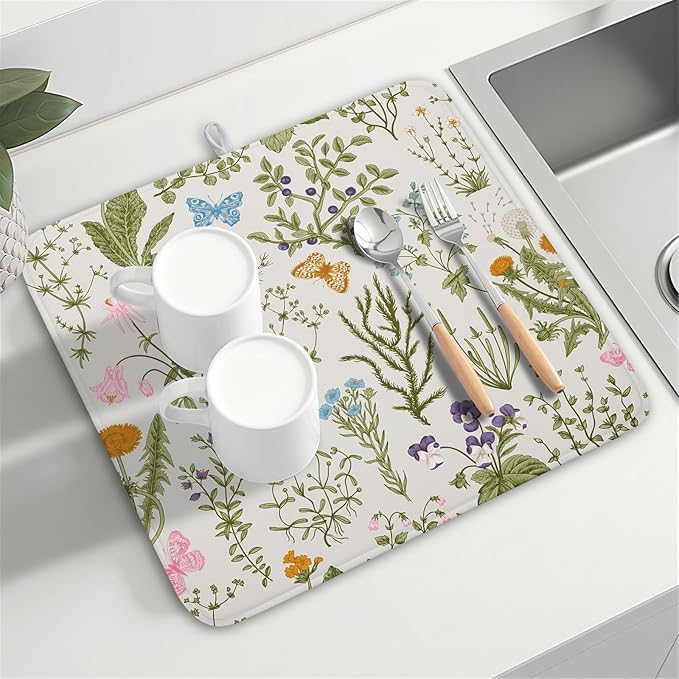 Kawani Wild Flowers Plant Dish Drying Mats for Kitchen Counter 16x18 Inch,Sage Herbs Kitchen Drying Mat,Botanical Plant Dishes Pad Dish Drainer Rack Mats Absorbent Fast Dry Kitchen Accessories