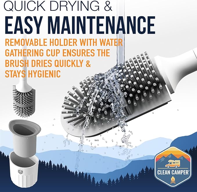 RV Toilet Brush by Clean Camper – Wall-Mounted Set, Silicone, Scratch-Free Dual-Sided Head, Quick-Drying Holder, Compact & Durable Set with Strong Adhesive Mount for RV & Camper Toilets