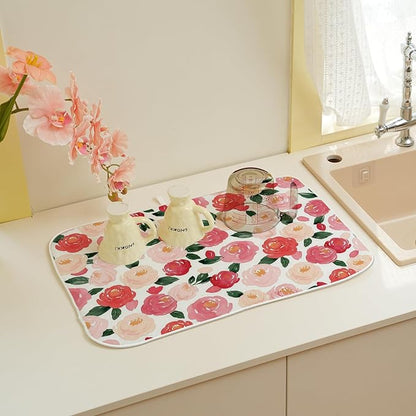 Floral Dish Drying Mat 18x24 Inch Watercolor Red Pink Flower Drying Mat Vintage Spring Summer Valentines Day Romantic Absorbent Dish Drying Pad Dish Rack Drainer Mats for Kitchen Dining Counter