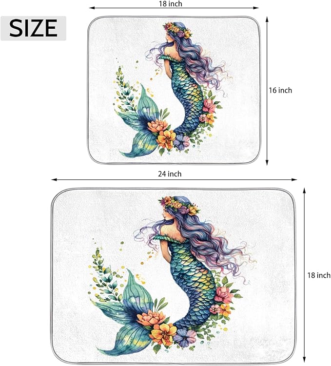 Honeybaby Dish Drying Mat Beautiful Mermaid Dish Drying Mats for Kitchen Counter Absorbent Kitchen Drying Mat Dish Rack Mat 18x24 inches