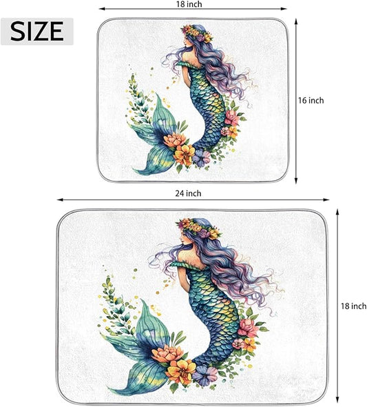 Honeybaby Dish Drying Mat Beautiful Mermaid Dish Drying Mats for Kitchen Counter Absorbent Kitchen Drying Mat Dish Rack Mat 18x24 inches