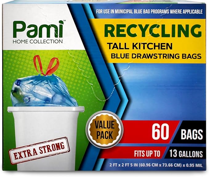PAMI Recycling Tall Kitchen Drawstring Trash Bags- Extra-Strong Plastic Garbage Bags- Thick Trash Can Liners For Kitchen & Outdoor Bins- 2ft x2ft Unscented Trash Bags (13 Gallon – 60 Count – Blue)