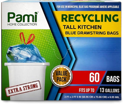 PAMI Recycling Tall Kitchen Drawstring Trash Bags- Extra-Strong Plastic Garbage Bags- Thick Trash Can Liners For Kitchen & Outdoor Bins- 2ft x2ft Unscented Trash Bags (13 Gallon – 60 Count – Blue)