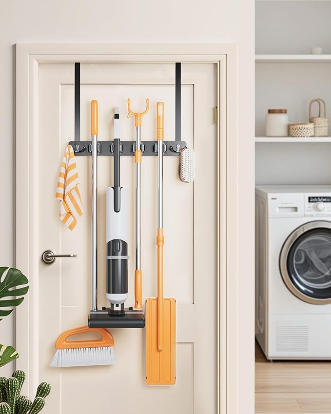 Mop and Broom Holder Wall Mount, No Drill Over the Door Broom and Mop Holder with 4 Slots and 4 Hooks, Wood Tool Hanger for Laundry, Cabinet, Kitchen, Garage