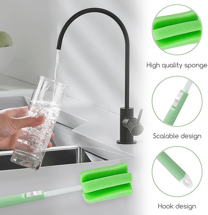 3PCS Dishwashing Foam Sponge Brush with Adjustable Long Handle Bottle Scrubber Cleaning Sponges Brushes Cleaner Soft for Baby Bottle Kitchen Clean Glasses Mugs Cups (Color Random)