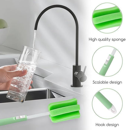 3PCS Dishwashing Foam Sponge Brush with Adjustable Long Handle Bottle Scrubber Cleaning Sponges Brushes Cleaner Soft for Baby Bottle Kitchen Clean Glasses Mugs Cups (Color Random)