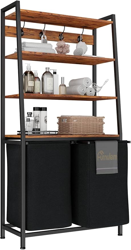 Furnulem 4 Tiers Laundry Hamper with Shelf and Hooks, Tall Laundry Basket Sorter with 2 Removable Bags, Double Clothes Hampers Organizers for Bathroom Bedroom