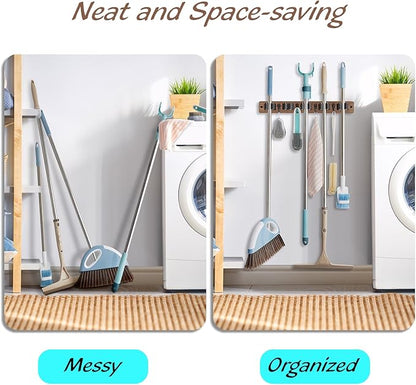 OUTNILI Mop and Broom Holder Wall Mount - Wood Broom Mop Hanger - Wall Mounted Garden Tool Rack Organizer for Closet Garage Laundry Room for Rustic Kitchen Decor With 5 Slots & 4 Hooks