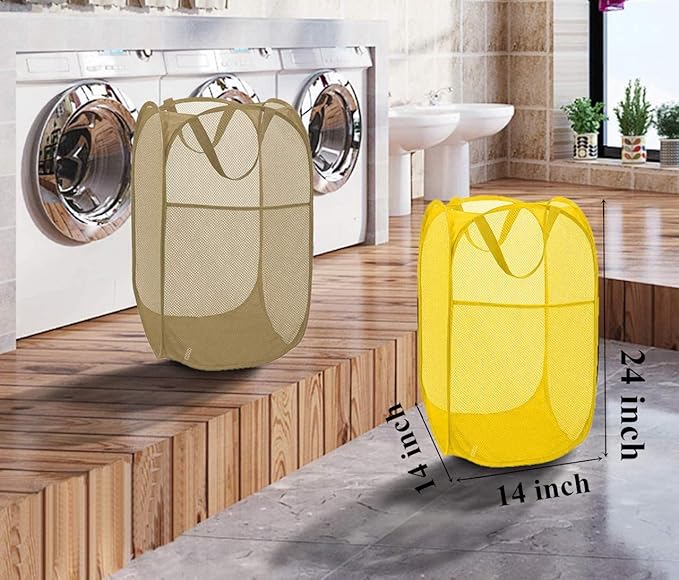 DurReus Portable Mesh Laundry Hamper with Large Pocket College Foldable Pop Up Clothes Basket Rectangle RV Organizer Bin Yellow