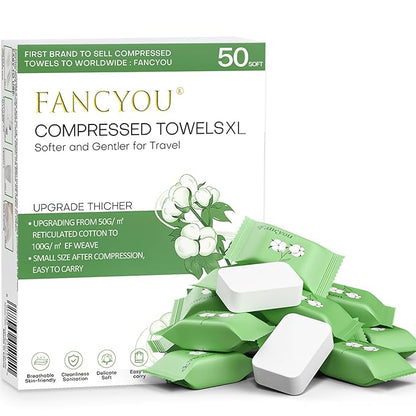 Disposable Face Towel Thicken 50 Pack Compressed Towel Tablets Reusable, Mini Disposable Facial Washcloths Compact Individually Wrapped Clean Towels for Travel Camping Beauty Home Gym (Green)