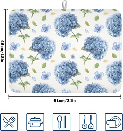 Spring Summer Hydrangea Dish Drying Mat for Kitchen Counter 18 x 24 Inch Blue Floral Dish Drainer Mat Absorbent Microfiber Dish Rack Pad for Holiday Coffee Dining Bar Decor