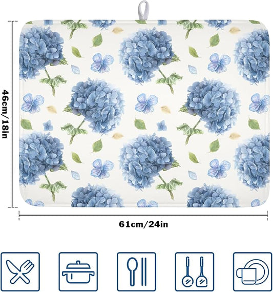 Spring Summer Hydrangea Dish Drying Mat for Kitchen Counter 18 x 24 Inch Blue Floral Dish Drainer Mat Absorbent Microfiber Dish Rack Pad for Holiday Coffee Dining Bar Decor