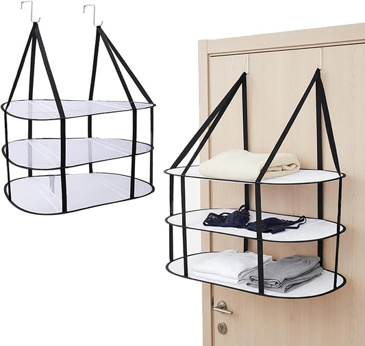 CINPIUK 3-Tier Sweater Drying Rack Over The Door, Foldable Mesh Hanging Dryer Flat with Hooks, Large Breathable Laundry Drying Hanger, Clothes Lay Flat Dryer for Apartments Dorms Bathrooms