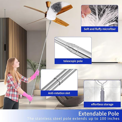 PHABLUS 10 PCS Dusters for Cleaning, Microfiber Duster with Extension Pole Up to 100'', Bendable Washable Cleaner Dusters for Ceiling Fans, High Ceiling, Furniture, Blinds