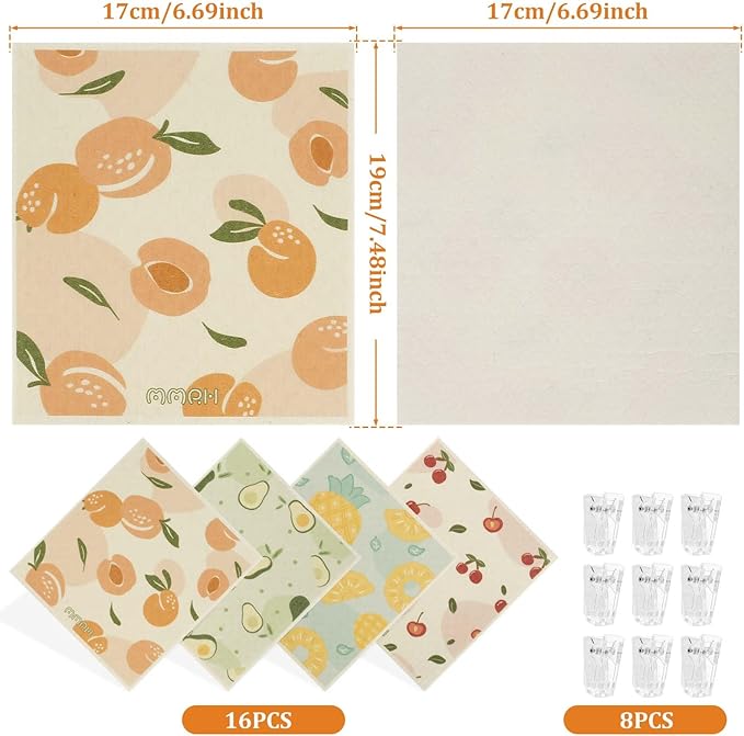 16Pcs Kitchen Dishcloths Absorbent Dish Cleaning Towels Washable Reusable Dish Cloths Non-Scratch Dishcloths Multipurpose Dish Towels with 8 Clips for Kitchen Bathroom 17x19x0.2 cm