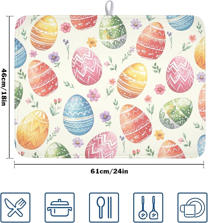 Easter Dish Drying Mat for Kitchen Counter Colorful Easter Eggs Floral Pattern Drying Mat 18x24 Inch Spring Holiday Absorbent Dish Drainer Mat Kitchen Accessories