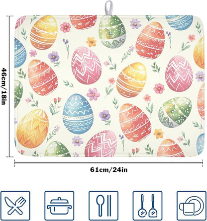 Easter Dish Drying Mat for Kitchen Counter Colorful Easter Eggs Floral Pattern Drying Mat 18x24 Inch Spring Holiday Absorbent Dish Drainer Mat Kitchen Accessories