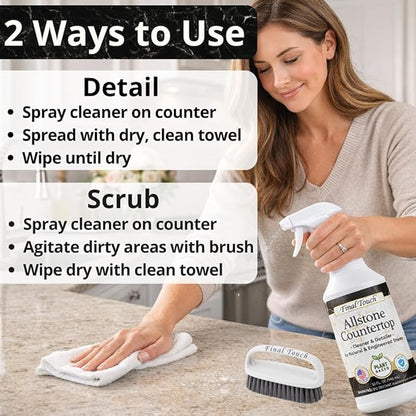 Final Touch AllStone Countertop Cleaner – Plant-Based Stone Safe Cleaning Spray with Scrub Brush – Daily Use Cleaner for Granite, Quartz, Marble, Kitchen Counters – Streak-Free Detail Clean