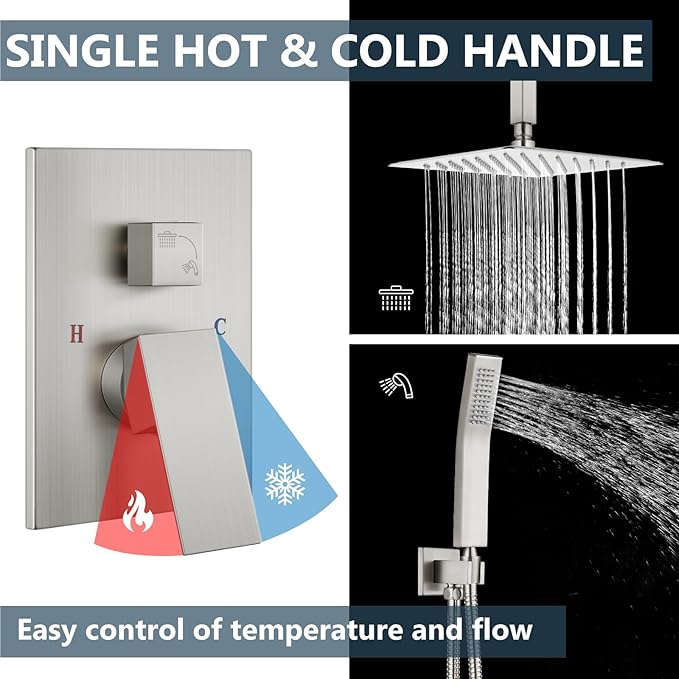 Aolemi Ceiling Mount Shower System Rain Shower Head with Handheld Spray High Pressure Shower Faucet Set Rough-in Valve Shower Trim Kit Included Bathroom Brushed Nickel 8 Inch Ceiling Shower Head