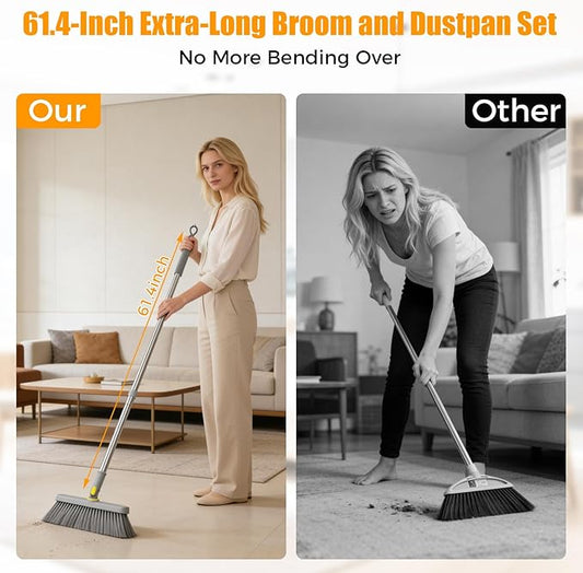 Upgrade Broom and Dustpan Set 180° Rotatable Head with 61" Extra Long Adjustable Handle Self-Cleaning Dustpan Teeth&Zero Gap Indoor Outdoor Sweeping for Home Kitchen Office Pet Hair-Gray&Yellow