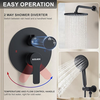 KOJOX Shower System- High Pressure Shower Head- 3 Setting Headheld Shower Head Fixtures- Shower Valve Included (Matte Black)