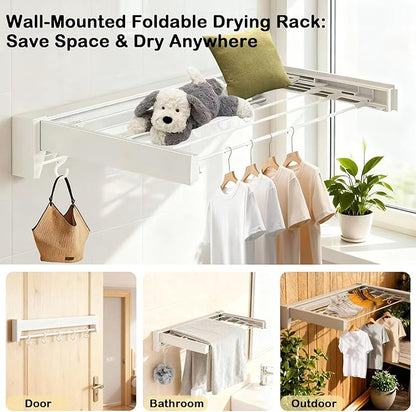Wall Mounted Clothes Drying Rack 27 inches,Foldbale Laundry Drying Rack 6 Rods,Hidden Drying Rack Clothing,Retractable,Collapsible,Screws Needed Folding Laundry Rack (White, Medium)