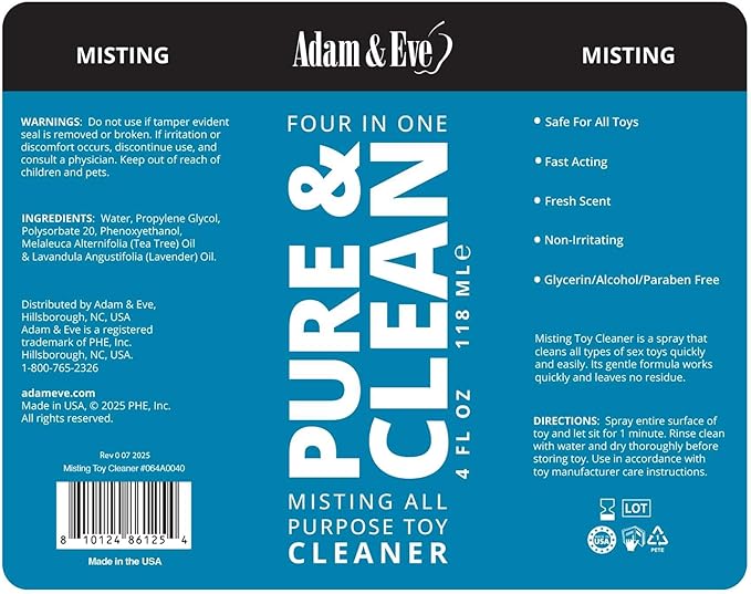 Adam & Eve Sex Toy Cleaner, 4 In 1 Pure And Clean Misting Spray, Fast Acting Misting Spray For Adult Toys, Vibrators, Dildos, Fresh Scent, Water Based Formula Perfect for Gifting, No Residue, 4 oz