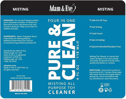 Adam & Eve Sex Toy Cleaner, 4 In 1 Pure And Clean Misting Spray, Fast Acting Misting Spray For Adult Toys, Vibrators, Dildos, Fresh Scent, Water Based Formula Perfect for Gifting, No Residue, 4 oz