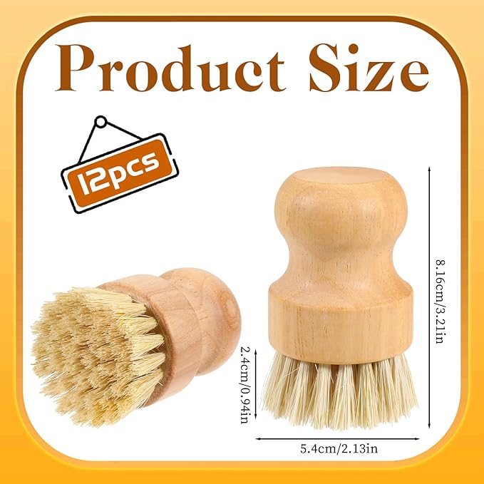 12 Packs Bamboo Dish Scrub Brushes, Full Circle Scrub Brush Wooden Dish Scrubber Brushes with Sisal Bristle for Kitchen Sink Cleaning Cast Iron Pots and Pans