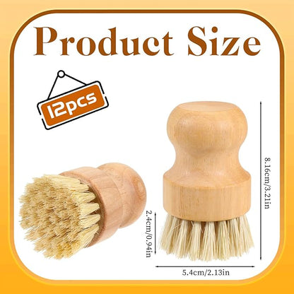 12 Packs Bamboo Dish Scrub Brushes, Full Circle Scrub Brush Wooden Dish Scrubber Brushes with Sisal Bristle for Kitchen Sink Cleaning Cast Iron Pots and Pans