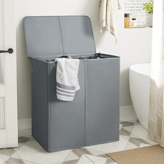 WOWLIVE 154L Double Laundry Hamper with Lid and Removable Laundry Bags, Large Dirty Clothes Hamper 2 section Collapsible Laundry Basket Dorm Room Storage for Bedroom, Bathroom, College,Grey
