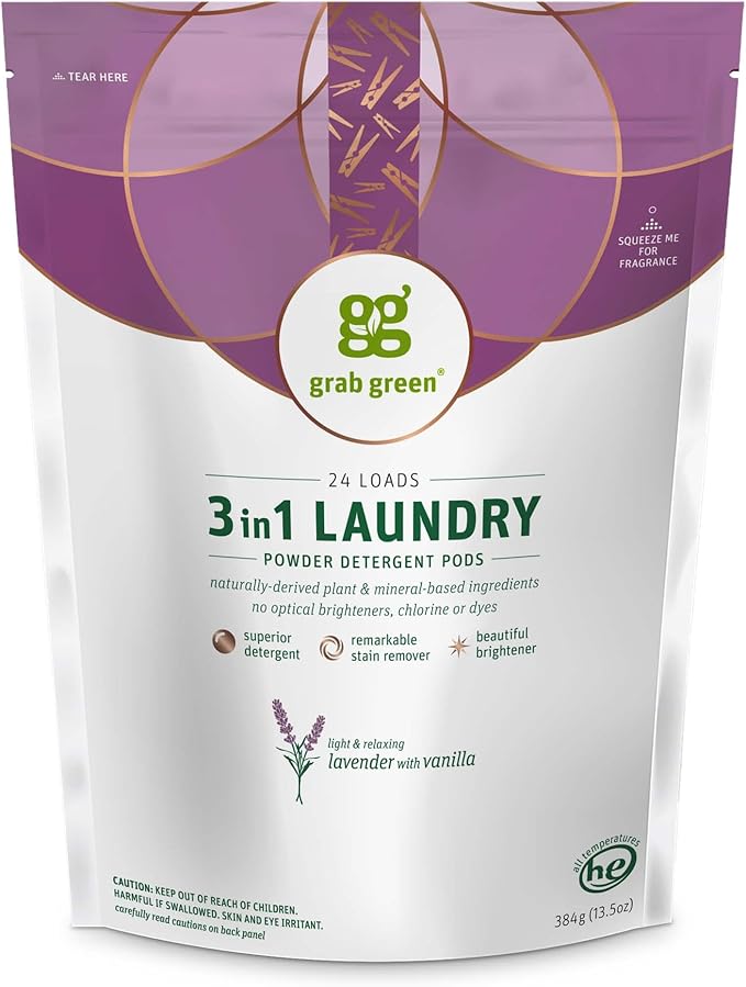 Grab Green Natural 3 in 1 Laundry Detergent Pods, Lavender + Vanilla-With Essential Oils, 24 Loads, Organic Enzyme-Powered, Plant & Mineral-Based, 13.5 Ounce