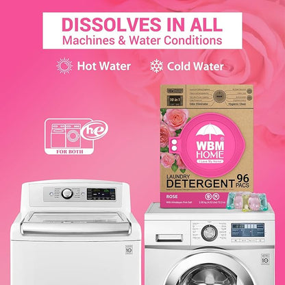 WBM Home 10-in-1 Laundry Pods, Total 96 Count, Ultra Concentrate with Powerful Stain Lifter Technology, Fabric Softener With Rose Extracts, Detergent Pods