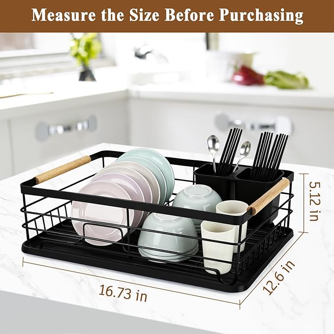 Dish Racks for Kitchen Counter, Thickened Metal Dish Drying Rack with Wooden Handles, Kitchen Countertop Organizer for Dishes, Spoons and Forks, No Assembly, Black, 16.7''*12.6''*5.12''