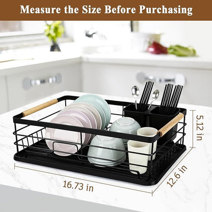 Dish Racks for Kitchen Counter, Thickened Metal Dish Drying Rack with Wooden Handles, Kitchen Countertop Organizer for Dishes, Spoons and Forks, No Assembly, Black, 16.7''*12.6''*5.12''