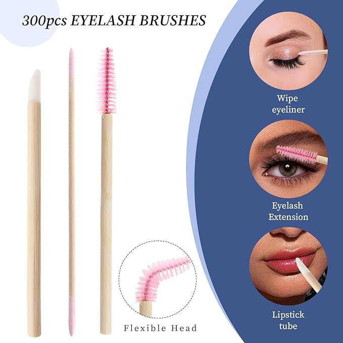 300 pcs Eyelash Extension Supply Kits 200pcs Disposable Double pointed head Wooden Micro Brush 50pcs Eyebrow Lash Spoolie 50pcs Lip Brush Mascara Wand Applicator Makeup Tools (Bamboo pink kits)