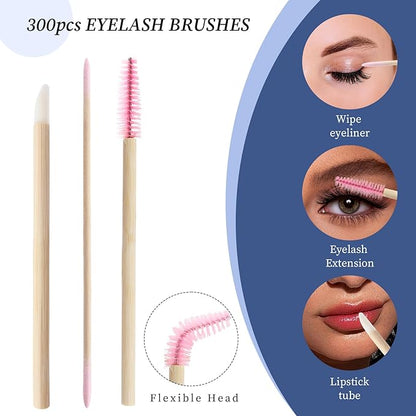 300 pcs Eyelash Extension Supply Kits 200pcs Disposable Double pointed head Wooden Micro Brush 50pcs Eyebrow Lash Spoolie 50pcs Lip Brush Mascara Wand Applicator Makeup Tools (Bamboo pink kits)