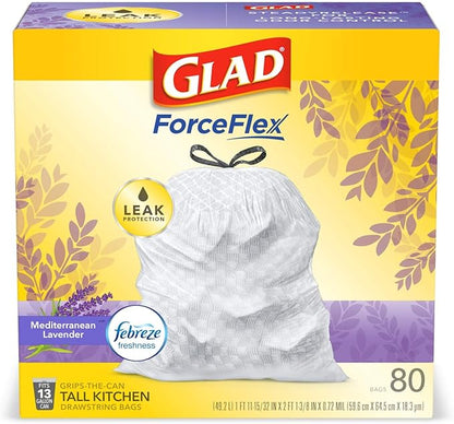 Glad ForceFlex Tall Kitchen Trash Bags, 13 Gallon, Gain Lavender, 80 Count (Package May Vary)