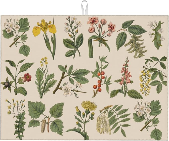 Plants Herbs Floral Dish Drying Mats for Kitchen Counter, Absorbent Reversible Microfiber Dish Drying Pad, Multi-Use Large Drying Mat Coffee Bar Accessories 18"x24"