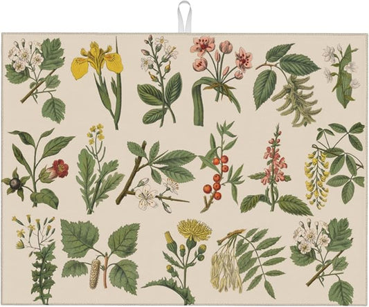 Plants Herbs Floral Dish Drying Mats for Kitchen Counter, Absorbent Reversible Microfiber Dish Drying Pad, Multi-Use Large Drying Mat Coffee Bar Accessories 18"x24"