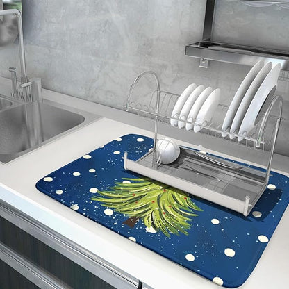 Christmas Tree Dish Drying Mat 18 x 24 Inch With Absorbent Reversible Microfiber Navy Blue Green Xmas Snowflake Drying Mats Winter Holiday Dish Drainer Mat Fast Dry For Kitchen Dining Room Decoration