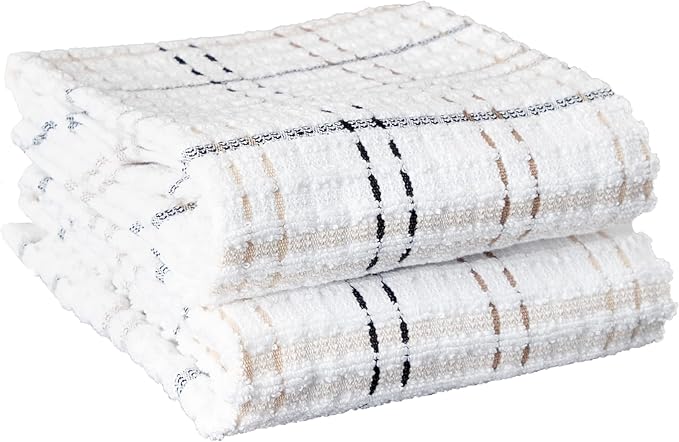 Ritz Royale Collection 100% Combed Terry Cotton, Highly Absorbent, Oversized Checked Kitchen Towel Set, 28" x 18", 2-Pack, Latte Brown