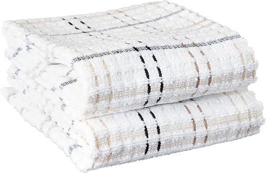 Ritz Royale Collection 100% Combed Terry Cotton, Highly Absorbent, Oversized Checked Kitchen Towel Set, 28" x 18", 2-Pack, Latte Brown