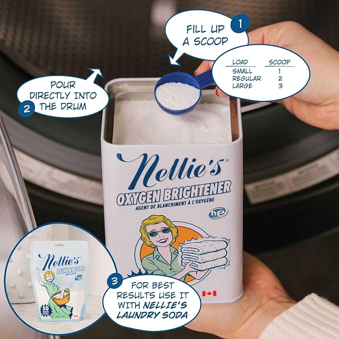 Nellie's Oxygen Brightener - 100 Scoops - Planet Friendly Stain Remover - Safe Alternative to Bleach - Septic-Safe Formula - Compact Powder Form - Made in Canada