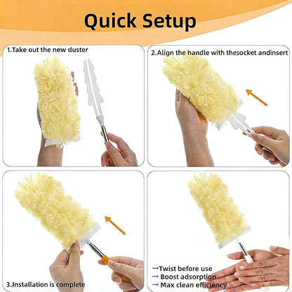 Heavy Duty Duster Refills, Disposable Dusters Kit for Cleaning Dusting Furniture Blind Ceiling Fan, Multi Surface 360 Feather Duster(10)+3FT Extended Handle（1） (Yellow)