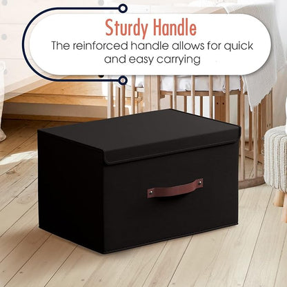 Ornavo Home 6 Pack Collapsible Storage Bins with Lid, Foldable Linen Fabric Shelf Storage Basket Closet Organizer and Large Storage Box for Clothes with Leather Handles, 16.5 x 11.8 x 7.5, Black