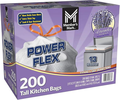 Member's Mark Power Flex Tall Kitchen Drawstring Trash Bags (13 Gallon, 2 Rolls of 100 ct., 200 count total)