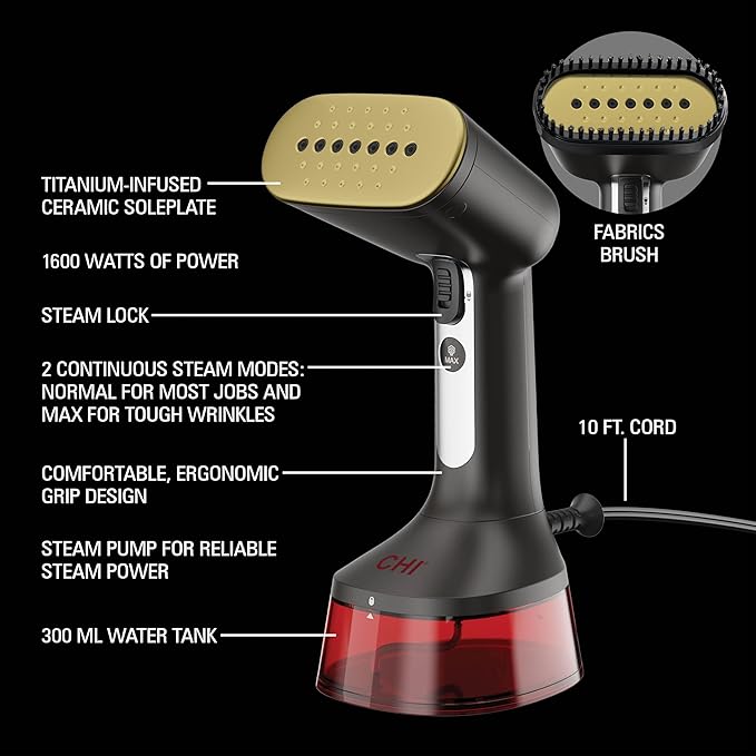 CHI Handheld Garment Steamer for Clothes, 2 Continuous Steam Modes, Full-Size 300 ml Capacity Water Tank, Ergonomic Handle, Vacation Essentials, 1600 Watts, 10’ Cord, Red (11590) (Pack of 2)