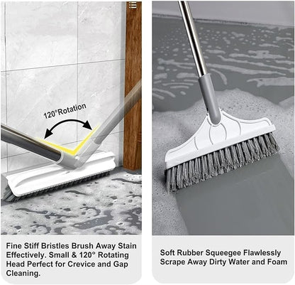 2 in 1 Cleaning Scrub Brush Grout Brush Scrape Floor Scrub Brush with Long Handle V-Shape Stiff Bristle Brush Scrubber with Squeegee 120°Rotating Shower Scruber for Cleaning Bathroom Glass Wall